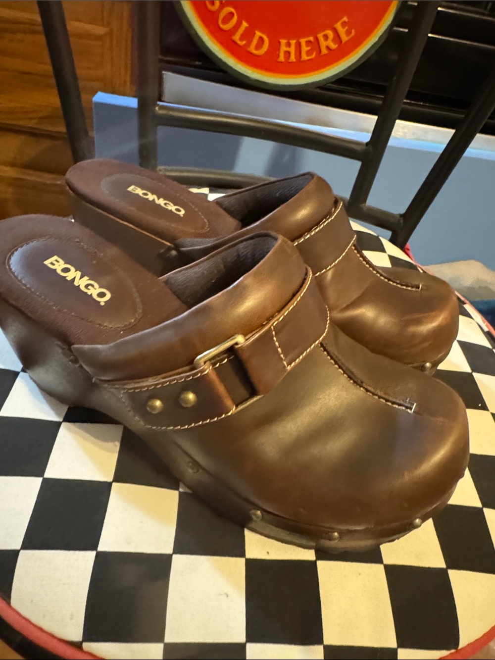 BONGO Brown Leather Platform Clog Mules with Buckle